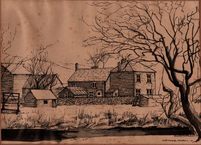 1971 ink drawing of Goytside Farm viewed from far bank of River Goyt