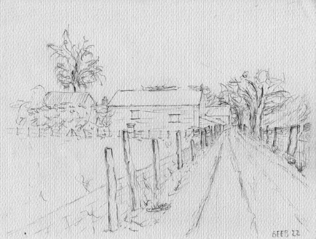 Pencil drawing by Frank Longman of footpath to Goytside Farm with barns visible in the distance