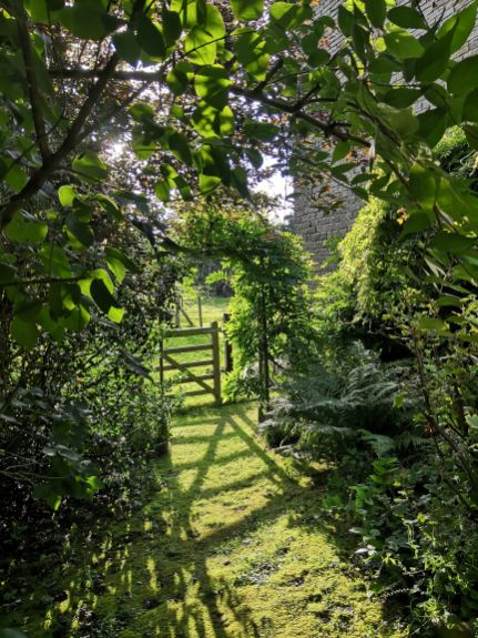 Goytside garden path leading through verdant arch to gate