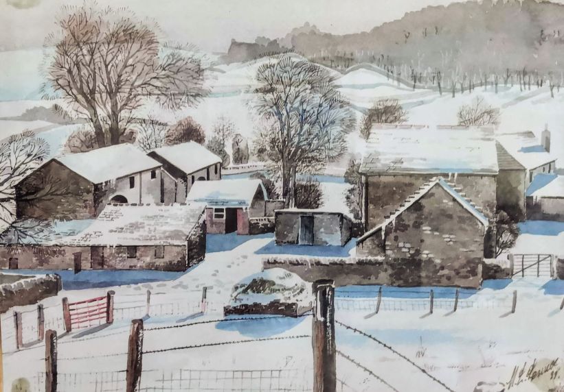 Winter painting of Goytside Farm viewed from path to Marsh Lane