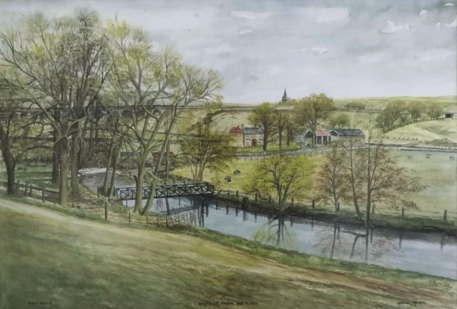 Painting of Goytside Farm viewed from Carr Farm bank of river Goyt