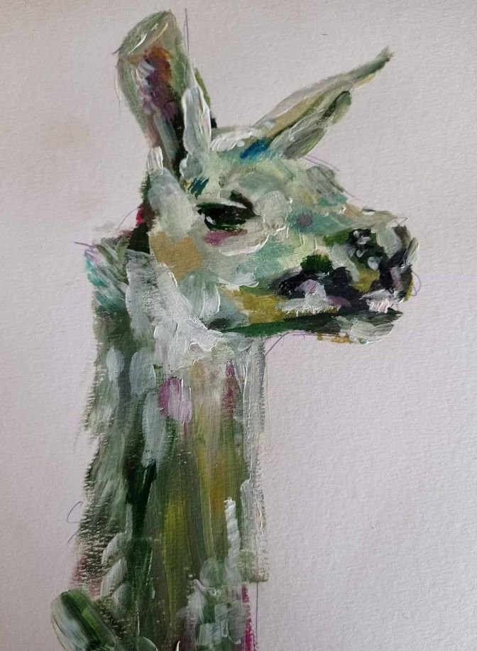 Acrylic painting of a llama head by Lily Longman 2022